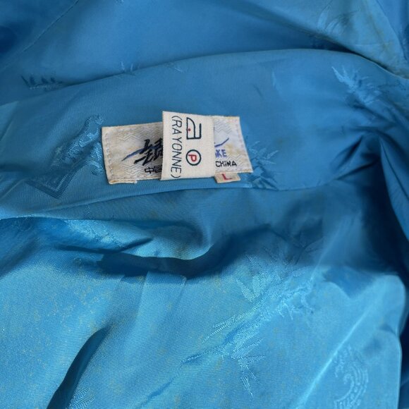 Vintage Blue Silk Kimono Robe With Embroidered Floral & Butterfly Design Open Fr - Picture 7 of 9